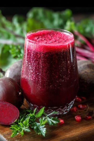 Glass of fresh beetroot juice on wooden board with raw beets, beet greens, and herbs.
