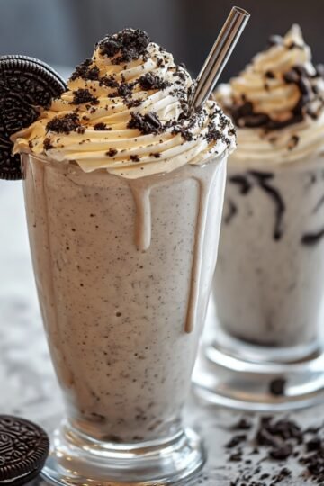 Two tall Oreo milkshakes in clear glasses topped with whipped cream, cookie crumbs, and a whole Oreo cookie garnish, served with a straw.