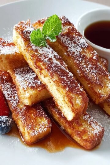 Plate of golden french toast sticks recipe dusted with powdered sugar, served with syrup, strawberries, blueberries, and a sprig of mint.
