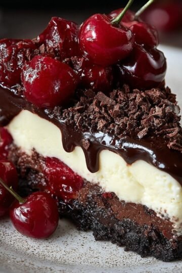 A rich slice of black forest-style HOMEMADE Black Forest cheesecake layered with chocolate crust, creamy filling, cherries, and a drizzle of chocolate ganache, garnished with fresh cherries on top.