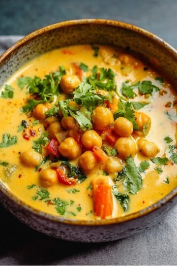 A bowl of HOMEMADE coconut chickpea curry soup with fresh cilantro, featuring chunks of vegetables in a rich, golden sauce.