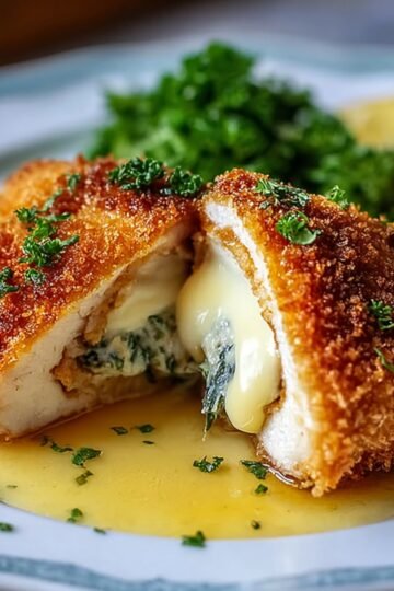 A golden-brown breaded chicken kiev recipe open to reveal melted garlic herb butter flowing out. The dish is garnished with chopped parsley and served with greens on a white plate.