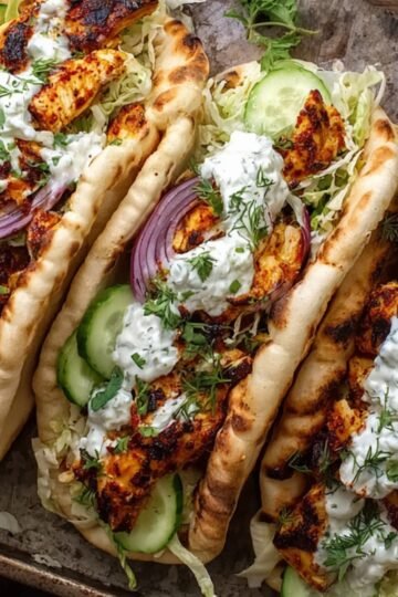 sheet pan chicken pitas gyros wrapped in soft flatbread, topped with creamy tzatziki sauce, sliced cucumbers, red onions, shredded lettuce, and fresh dill on a rustic tray.
