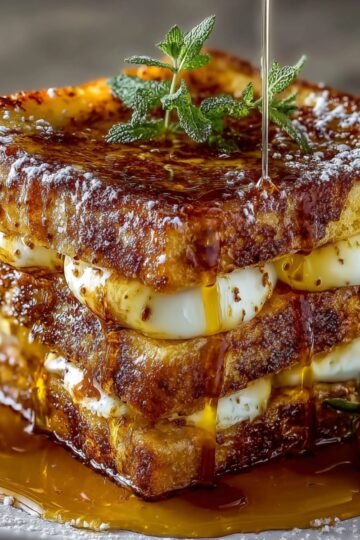 Stack of crème brûlée french toast layered with creamy custard, drizzled with maple syrup, garnished with mint, and served with fresh strawberries.